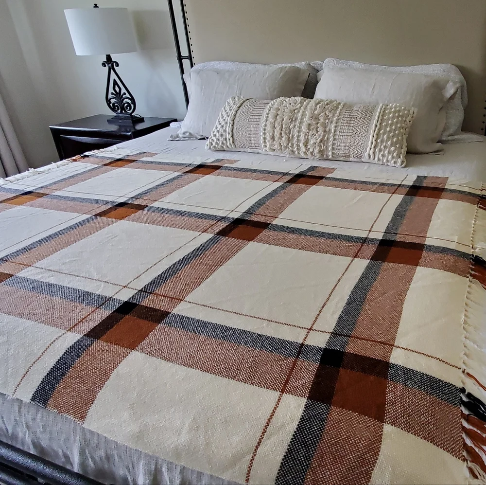 We Three Weavers Handwoven 100% Wool Cream/Black/Terra Cotta Plaid Throw Blanket